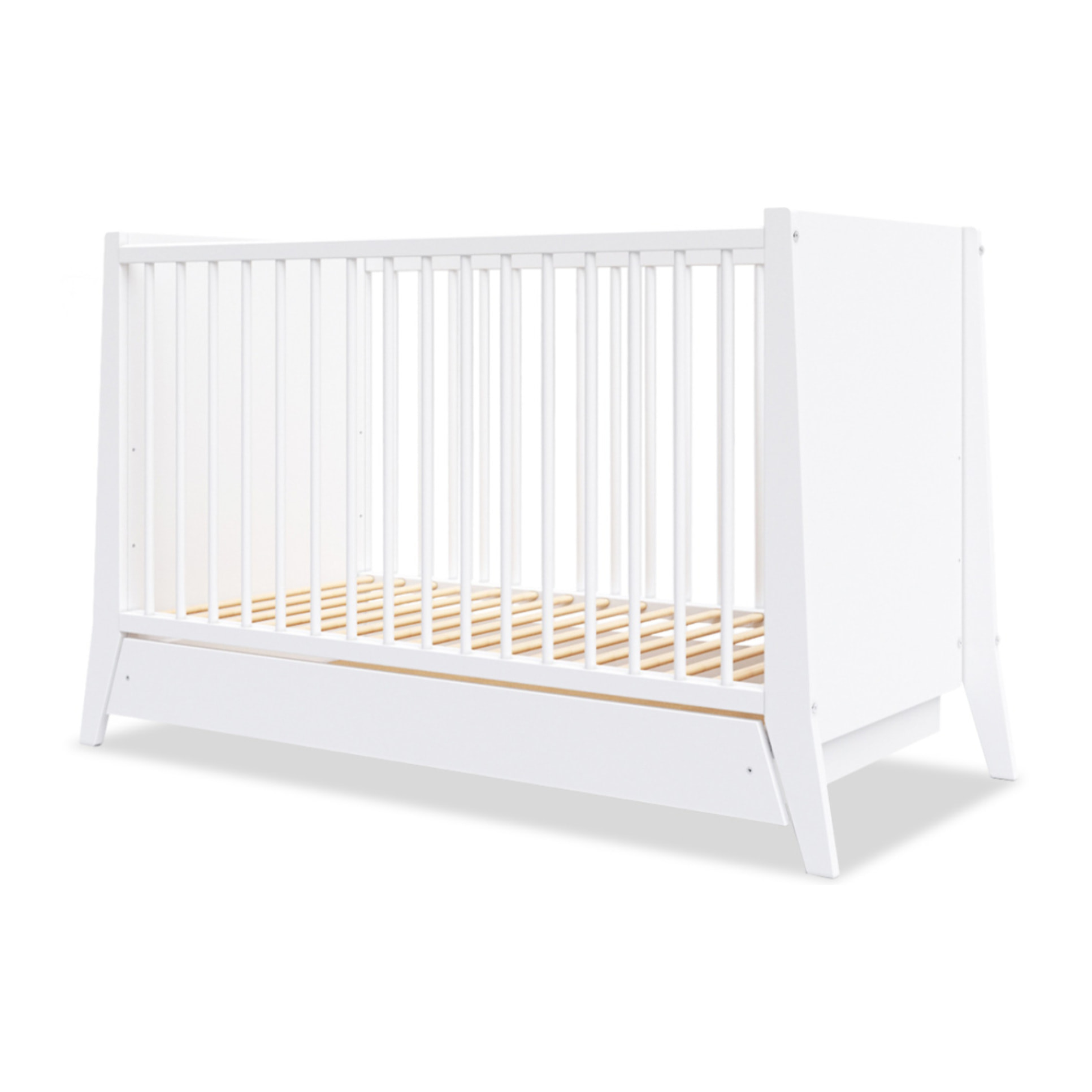 Lit Evolutif Timéo à barreaux 60 x 120 cm, Blanc, en Bois, 3 Hauteurs, Tiroir intégré, Barreaux amovibles