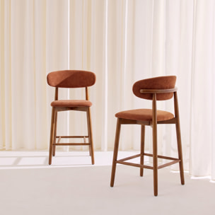 Tabouret de bar bois d'hévéa noyer et tissu chenille (lot de 2)  PAOLA