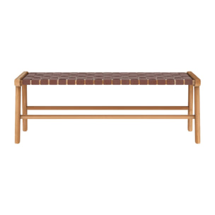 Banc 120 cm en cuir tressé marron et bois de teck - Kuna