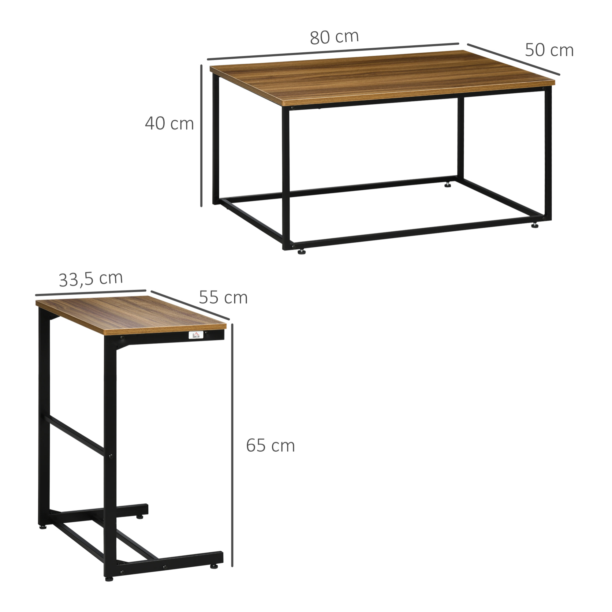 HOMCOM Set de 2 Mesas de Centro Mesas Nido Mesas Auxiliares con Marco de Acero para Salón Domitorio Estilo Industrial 55x33,5x65 cm y 80x50x40 cm Nogal