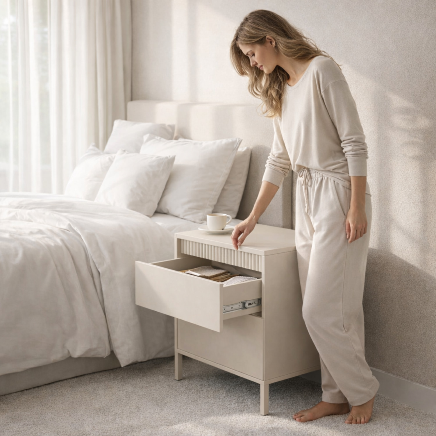 Comodino Moderno 2 Cassetti Push E Piedini Alti Cassettiera Design Elegante Mobiletto Minimal Effetto Cannettato 53.5 x 56.2 x 39.5 Cm Cashmere