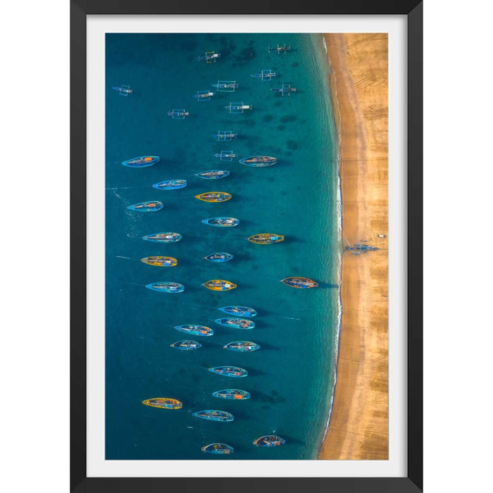 Poster bateaux de pêche Affiche sous cadre noir