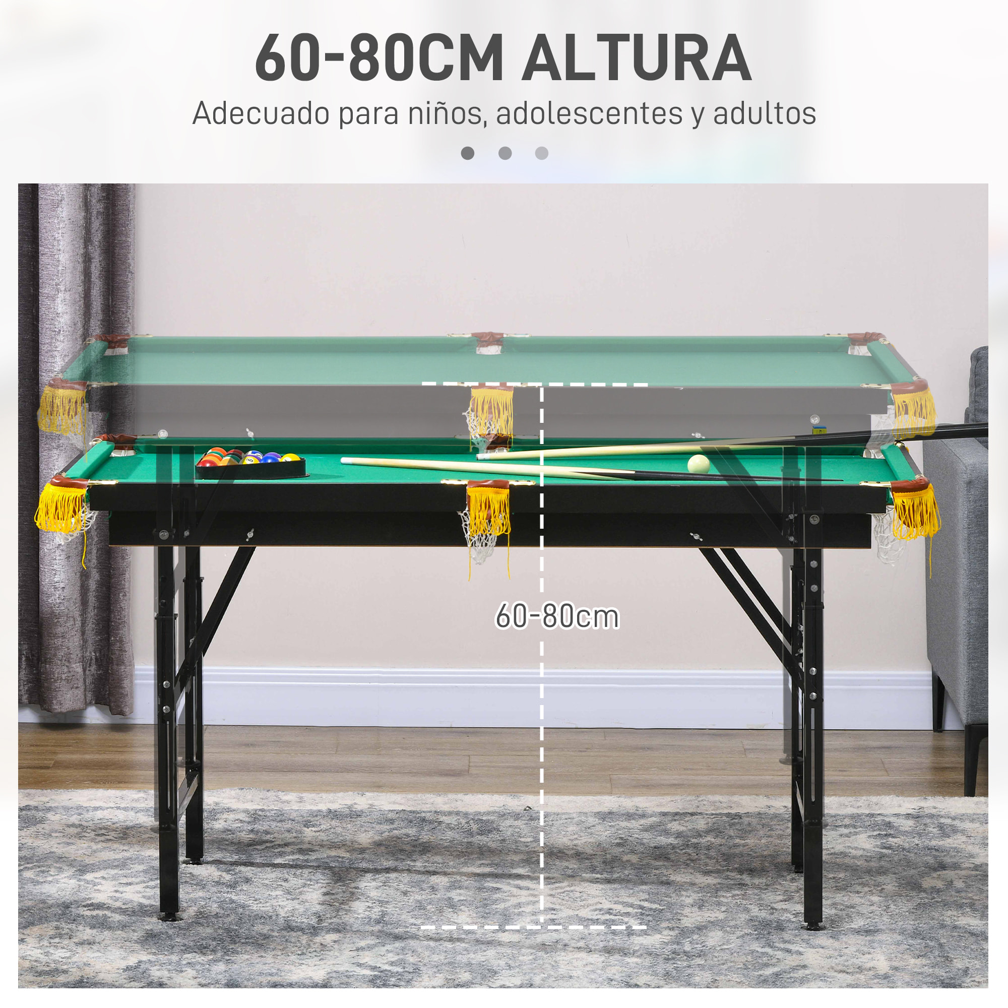 2 en 1 Mesa Multijuegos para Niños de 6+ Años Mesa de Billar Ping Pong Plegable con Altura Ajustable 140x63x60-80 cm Multicolor