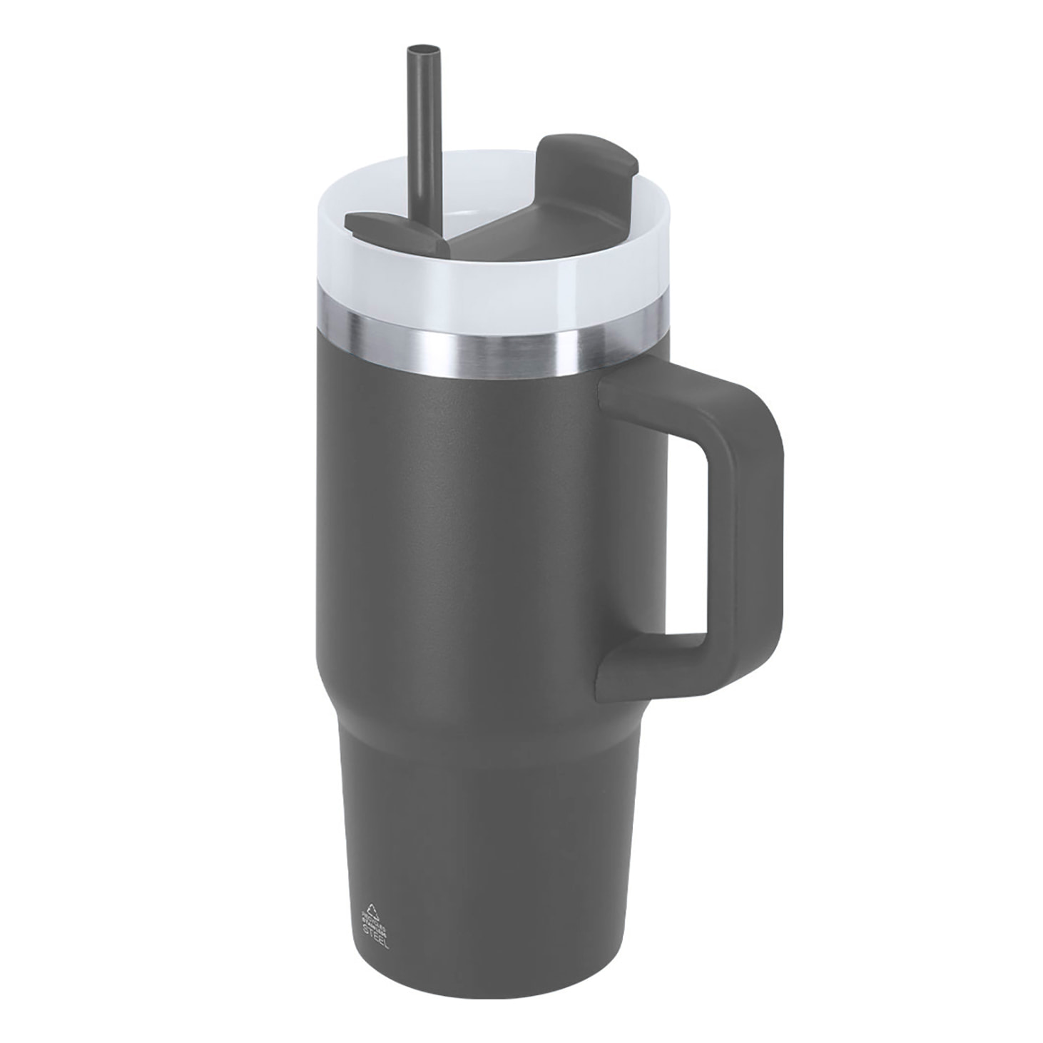Tazza termica in acciaio inossidabile riciclato a doppia parete e capacità di 450 ml. Con coperchio a chiusura a pressione con foro per bere e coperchio scorrevole per cannuccia.