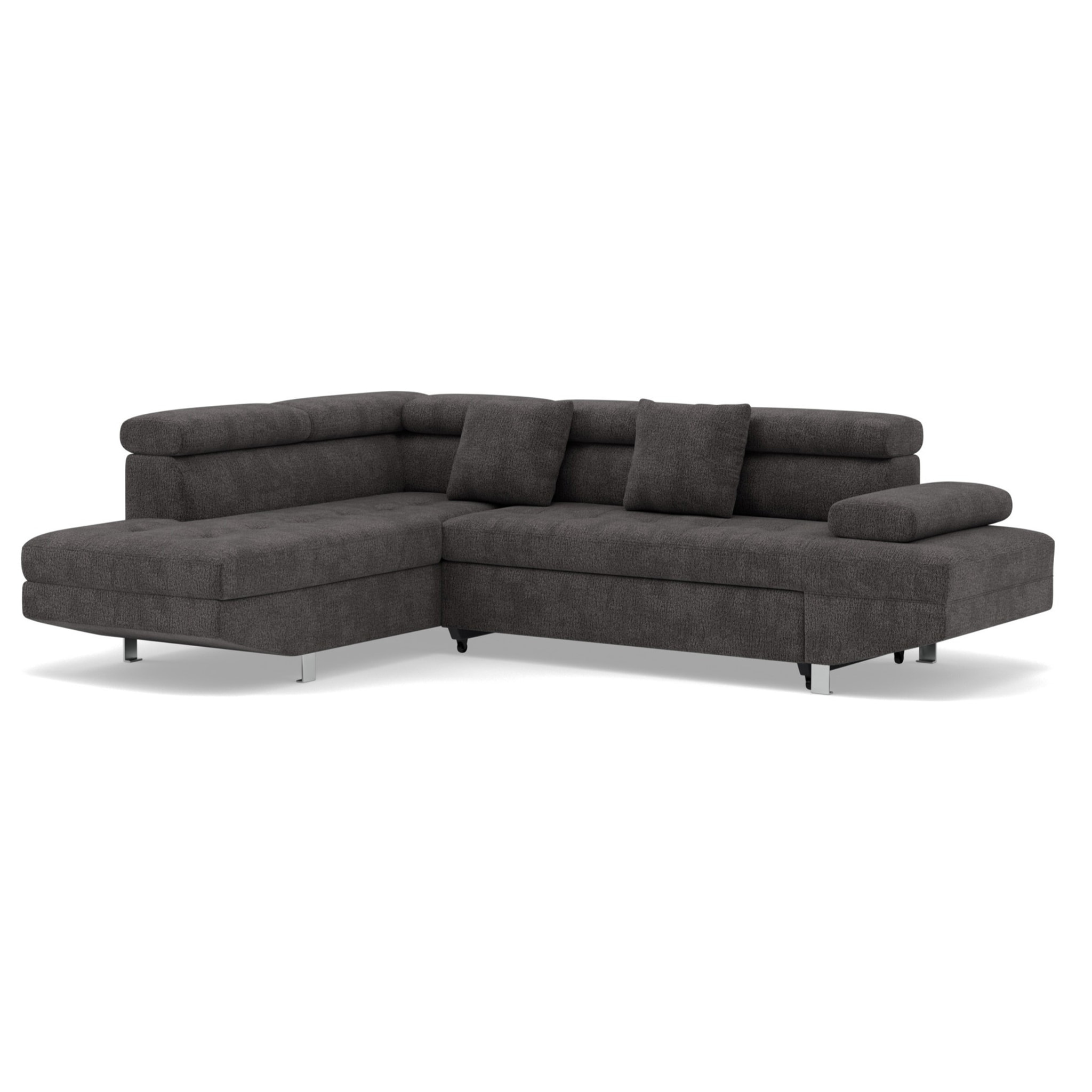 Margaux - Canapé d'angle gauche 5 places convertible avec coffre et têtières réglables en velours texturé - Gris