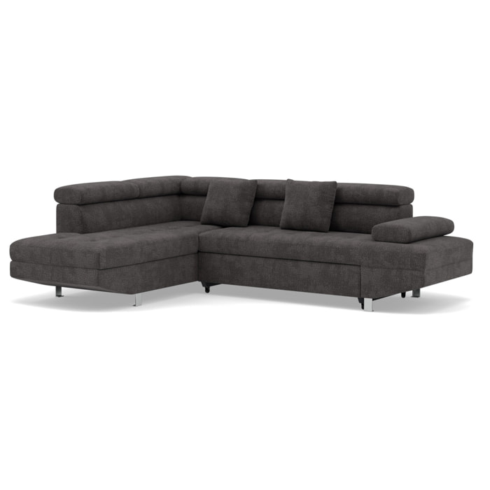 Margaux - Canapé d'angle gauche 5 places convertible avec coffre et têtières réglables en velours texturé - Gris