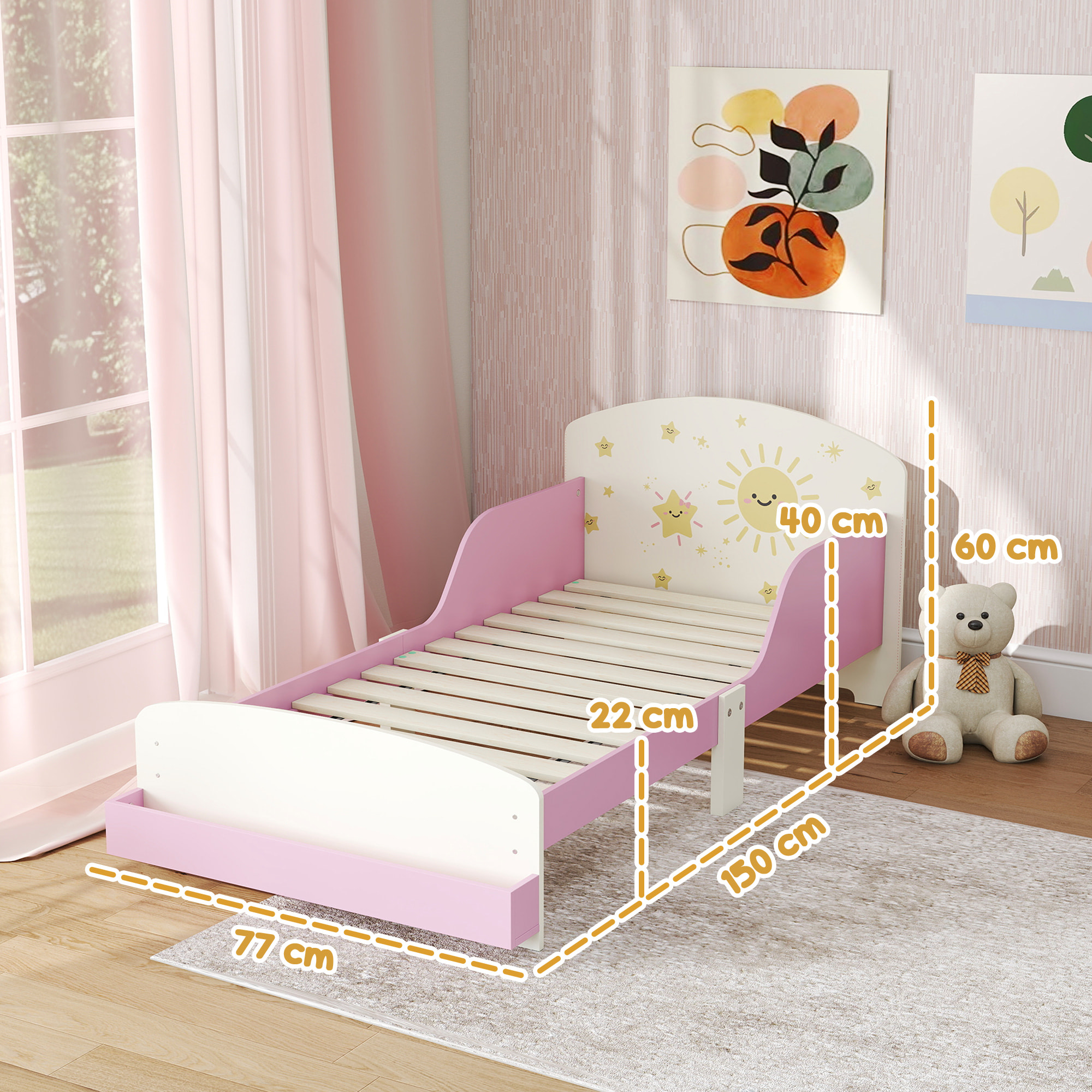 Cama infantil 70x140 cm de Madera con Almacenaje Cama para Niños de +3 Años con Protección Anticaída Cabecero en Dibujos de Estrellas Carga 40 kg para Dormitorio Rosa