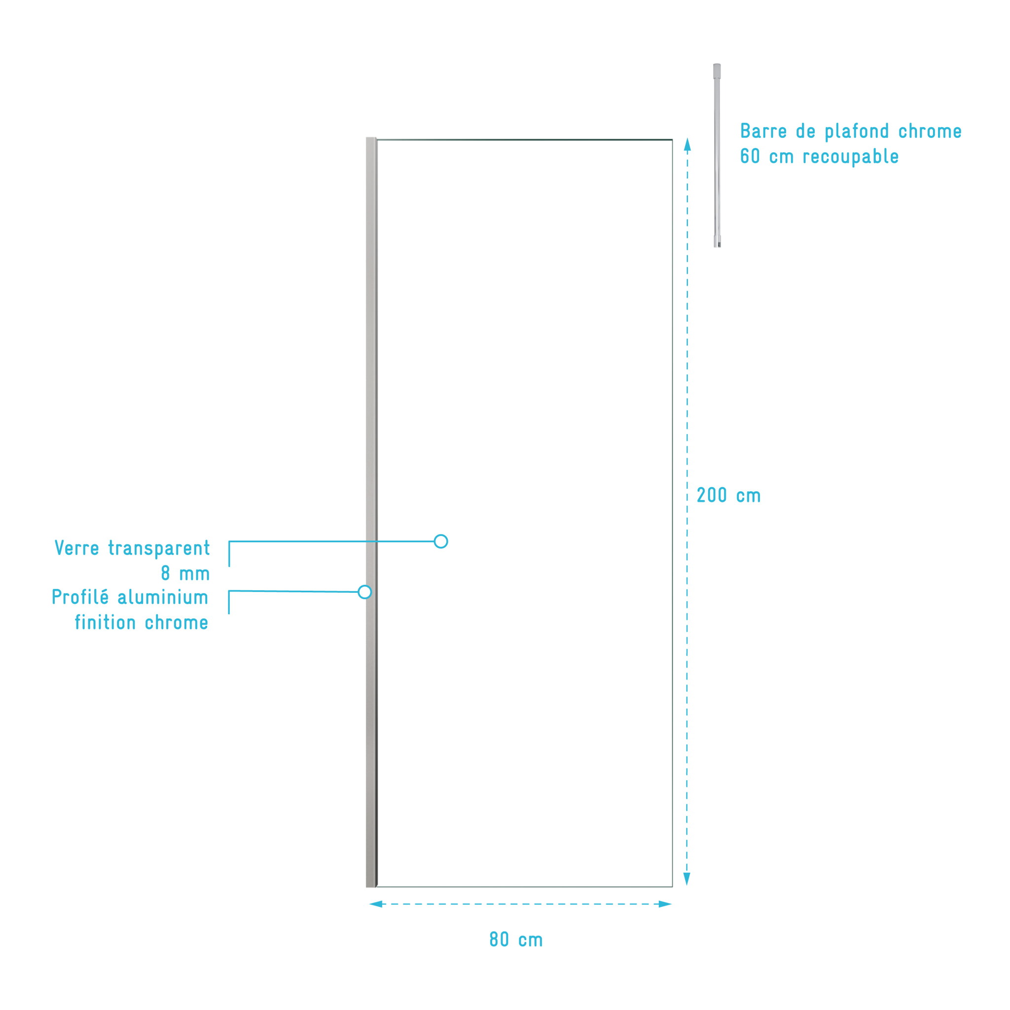 Paroi de Douche 80x200cm Verre Transparent - Profilé + Barre Plafond Finition Chrome - FREEDOM 2