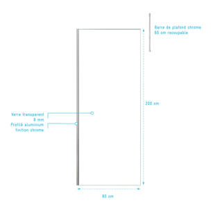 Paroi de Douche 80x200cm Verre Transparent - Profilé + Barre Plafond Finition Chrome - FREEDOM 2