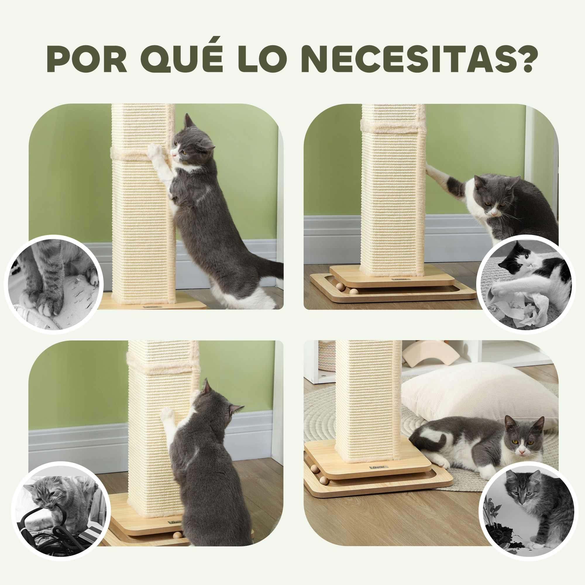 Poste Rascador para Gatos 87 cm Rascador para Gatos Arañador para Gatos con Bola Colgante Juguete de Pelota de Pista y Poste de Sisal Roble