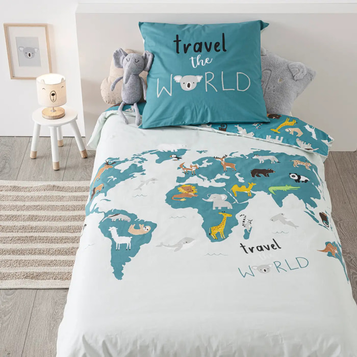 Parure de lit enfant "Carte du monde" - coton 140x200 cm