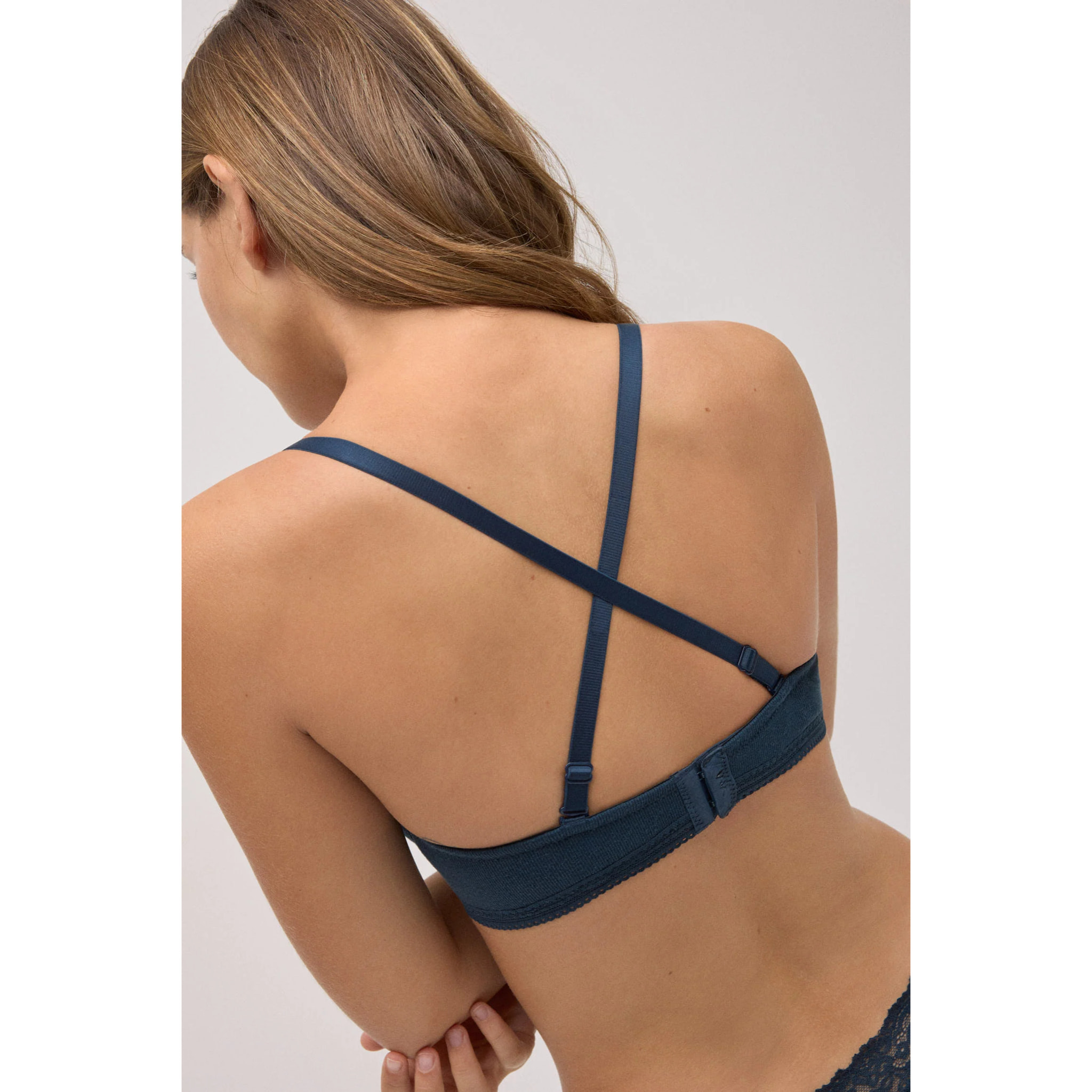 Reggiseno push-up a coste con pizzo blu navy, coppa B
