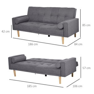 Canapé convertible 3 places design scandinave dossier inclinable 3 positions pieds bois tissu lin gris