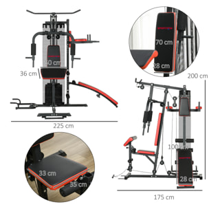 Station de musculation - banc, développé couché, butterfly, barre latissimus et traction, curler, bande résistance, 10 contrepoids - acier noir rouge