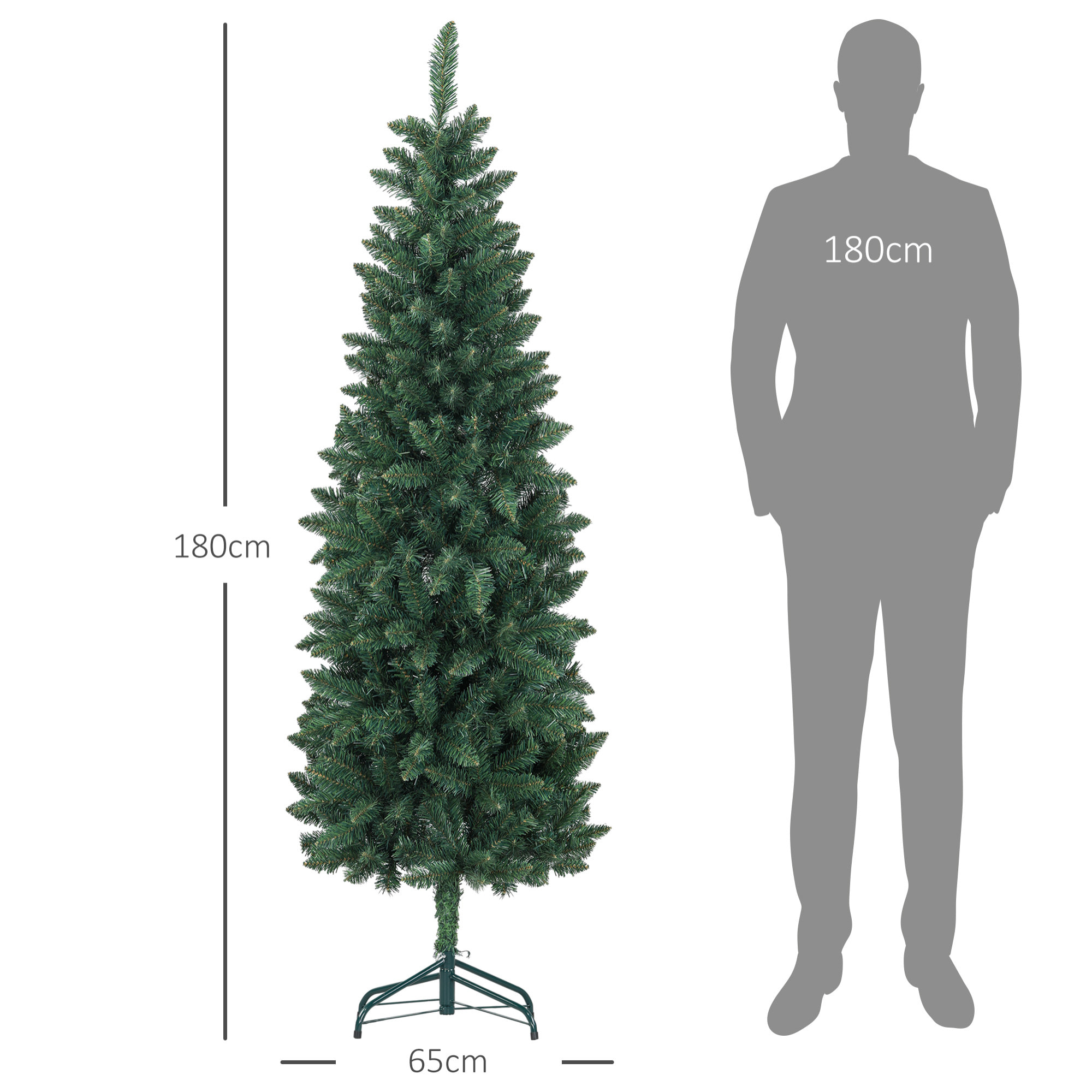 Árbol de Navidad Estrecho 180 cm Árbol de Navidad Tipo Lápiz con Base Plegable y 479 Ramas para Dormitorio Oficina Verde