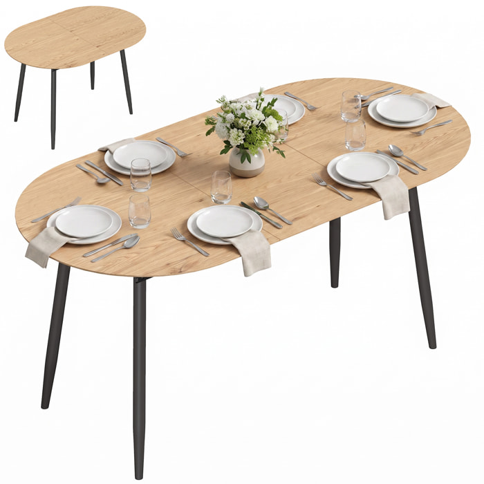HOMCOM Mesa de Comedor Extensible Ovalada 120-160x80 cm, Mesa de Cocina Extensible para 4-6 Personas, Estilo Rústico, con Patas de Hierro y Bordes Redondeados, Ahorra Espacio, Roble