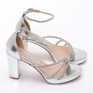 Sandali in simil pelle con tacco alto comodo e fasce ricoperte di strass