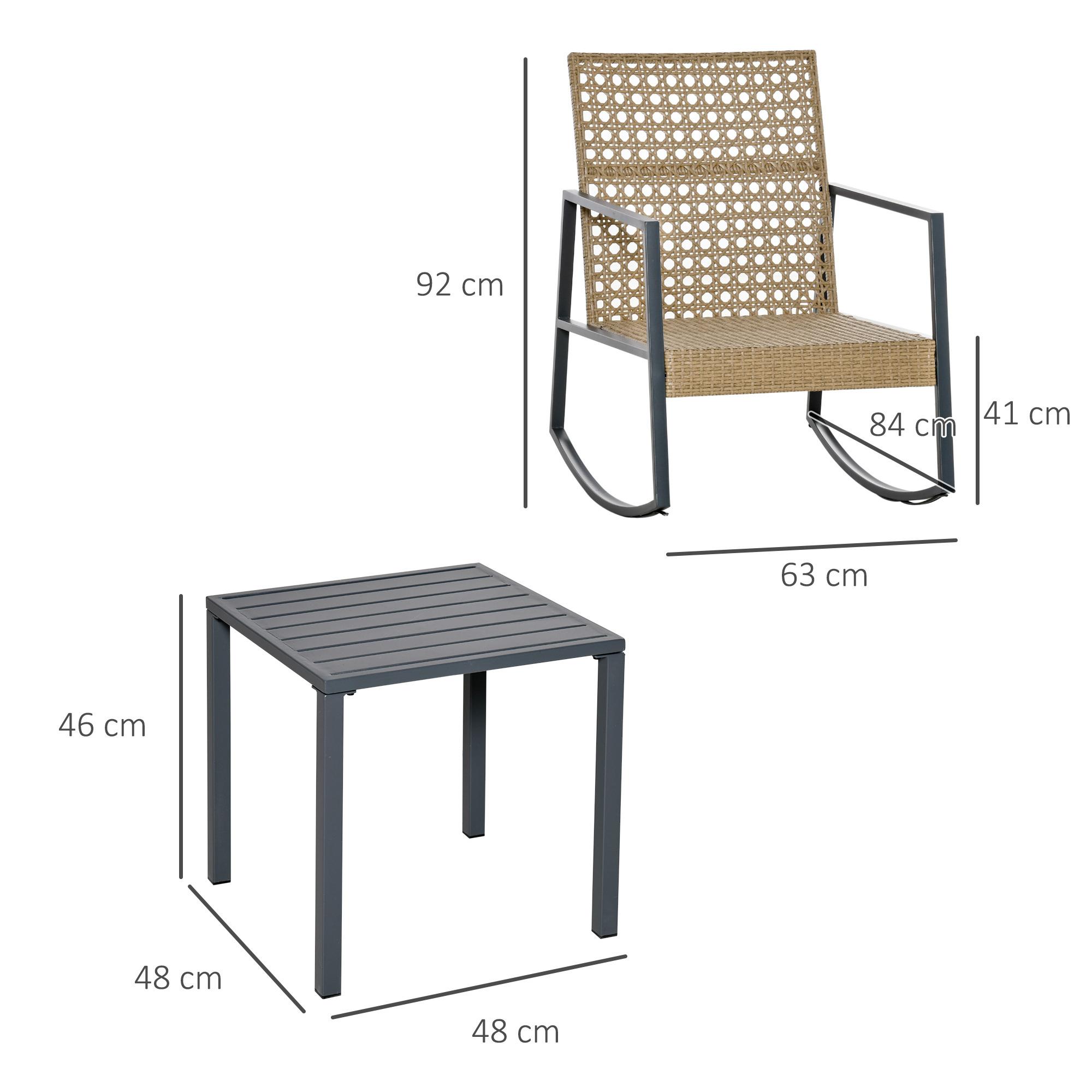 Ensemble de jardin 3 pièces style colonial 2 fauteuils à bascule avec coussins assise gris table basse métal époxy résine tressée beige