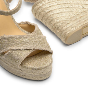 Sandalia de cuña Bromelia en lino metalizado con cierre de pulsera