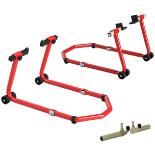 Caballete Moto Elevador Universal Carga 390 kg Combo Soporte de Rueda Delantera y Trasera Motocicleta con Adaptadores de Horquillas en U y L Ajustables y Ruedas para Reparación y Mantenimiento