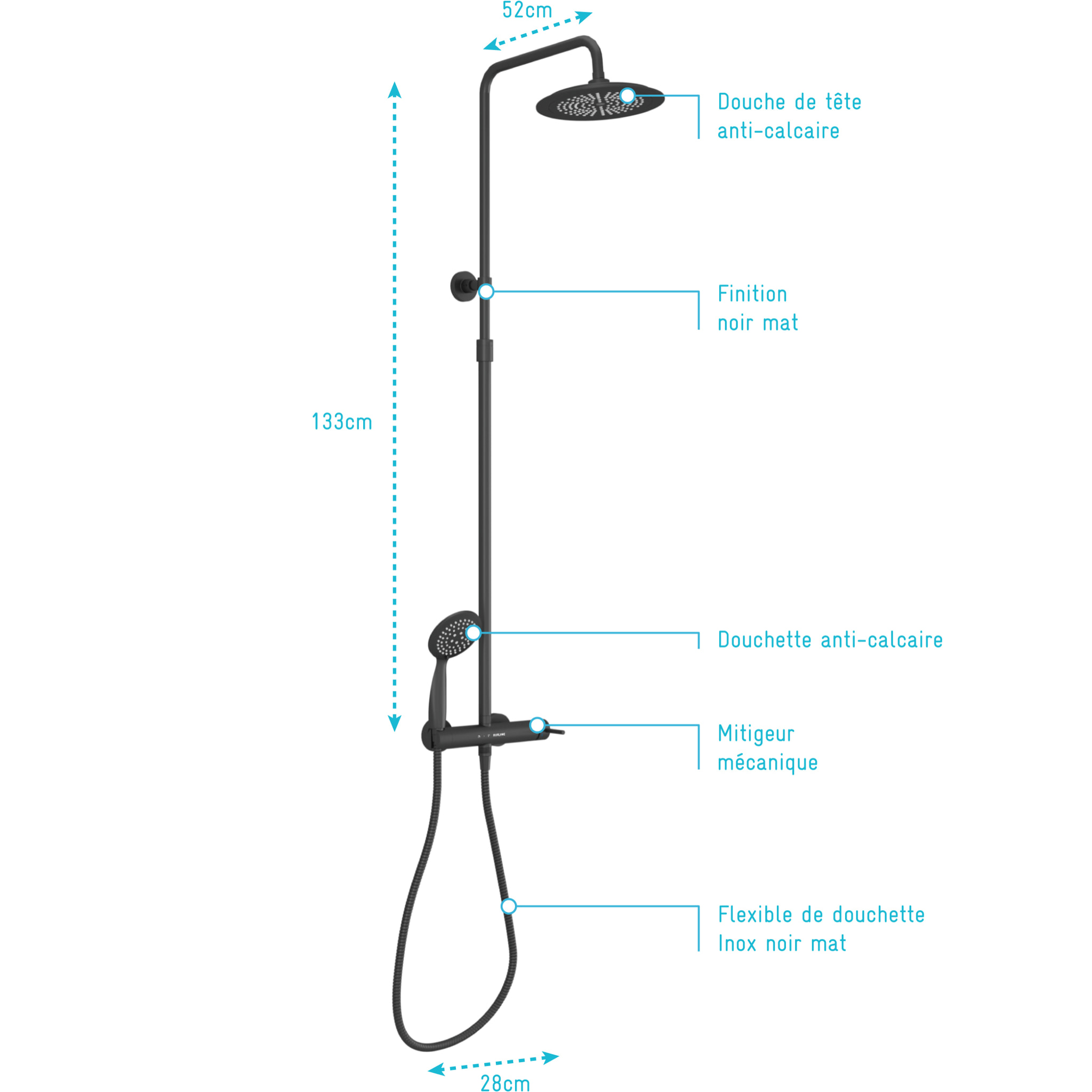 Colonne de douche Mécanique finition Noire Mate - 133x28x52 cm - MOLLY BLACK