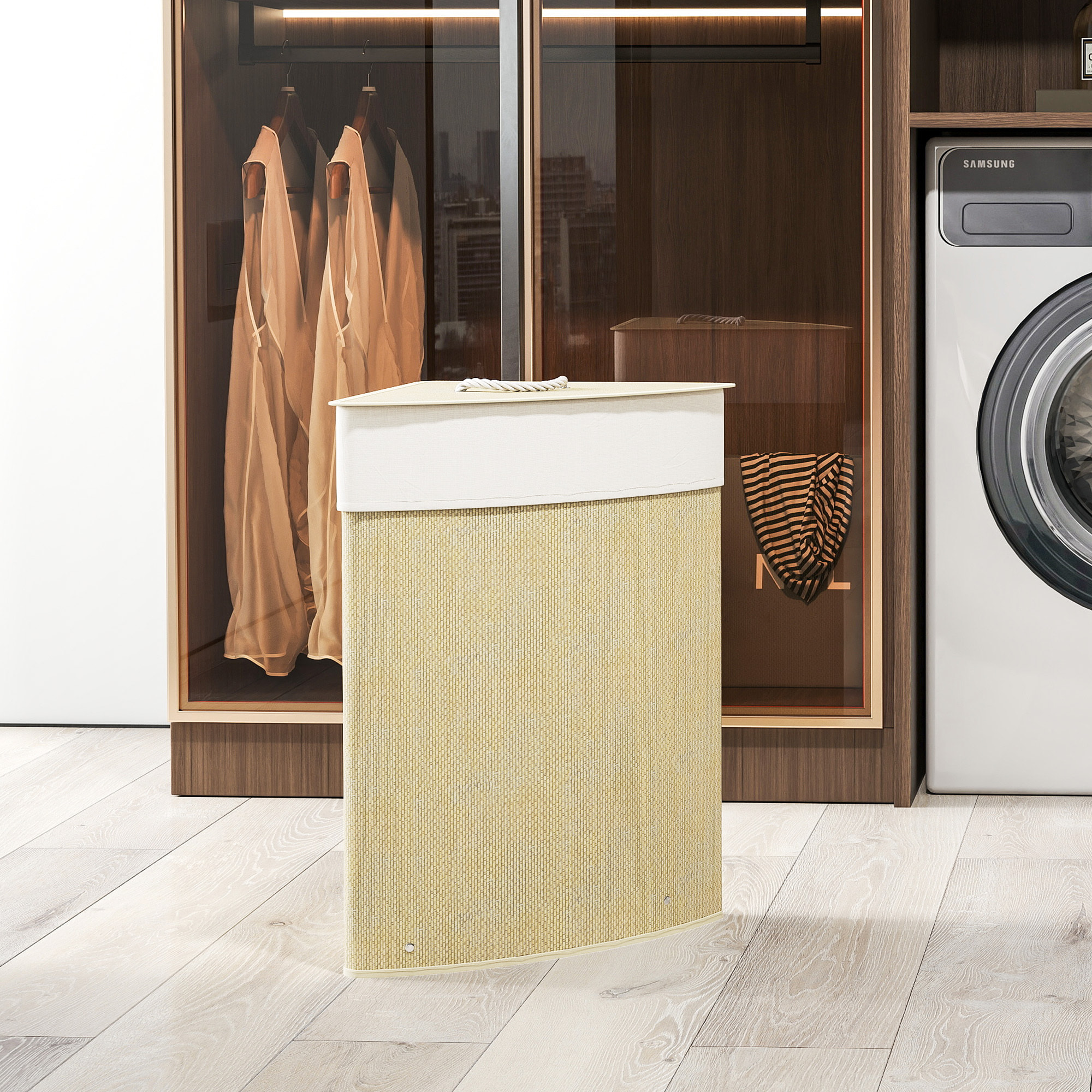 Cesto Ropa Sucia de Bambú para Esquina de 55L con Tapa y Asa, Cubo Ropa Sucia con Bolsa Extraíble y Lavable para Baño, Dormitorio, 35x35x60 cm, Crema