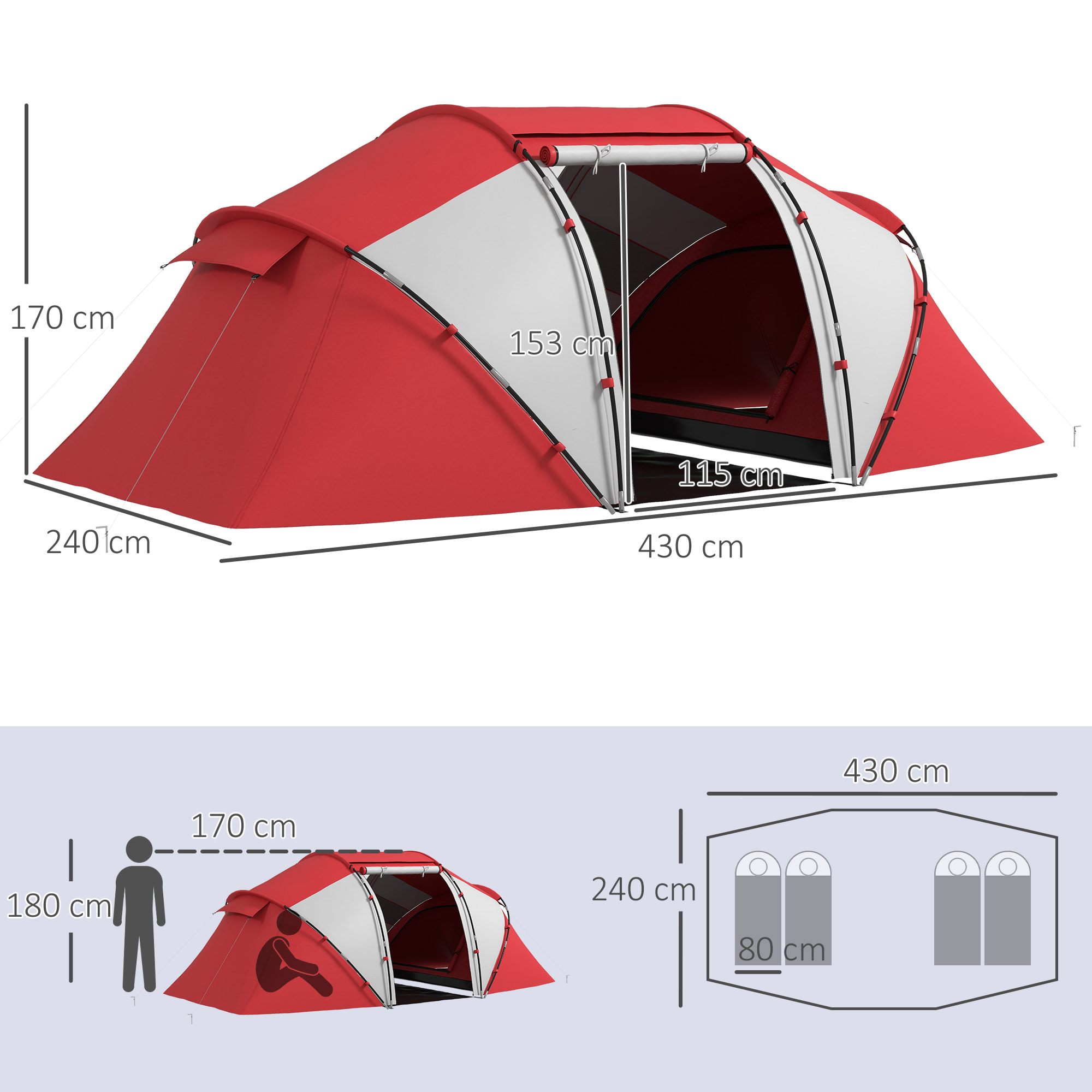 Tente de camping familiale 4-6 personnes 2 cabines fenêtre grande porte 4,3L x 2,4l x 1,7H m rouge gris