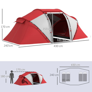 Tente de camping familiale 4-6 personnes 2 cabines fenêtre grande porte 4,3L x 2,4l x 1,7H m rouge gris