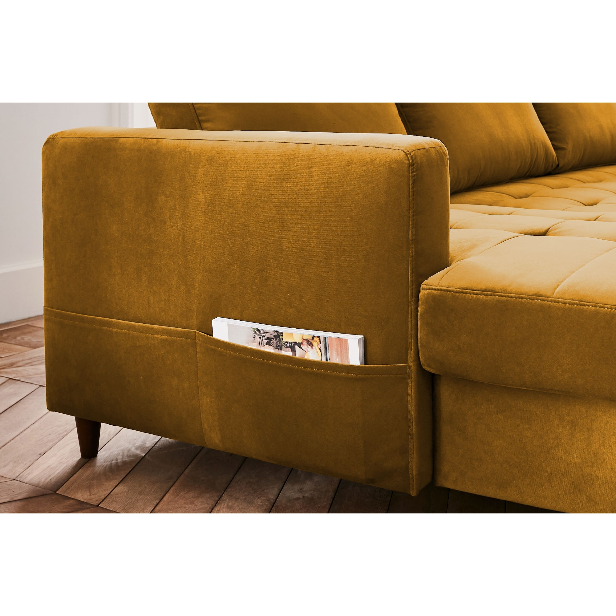 Anna - canapé panoramique d'angle droit - 7 places - convertible avec coffre - en velours - Jaune