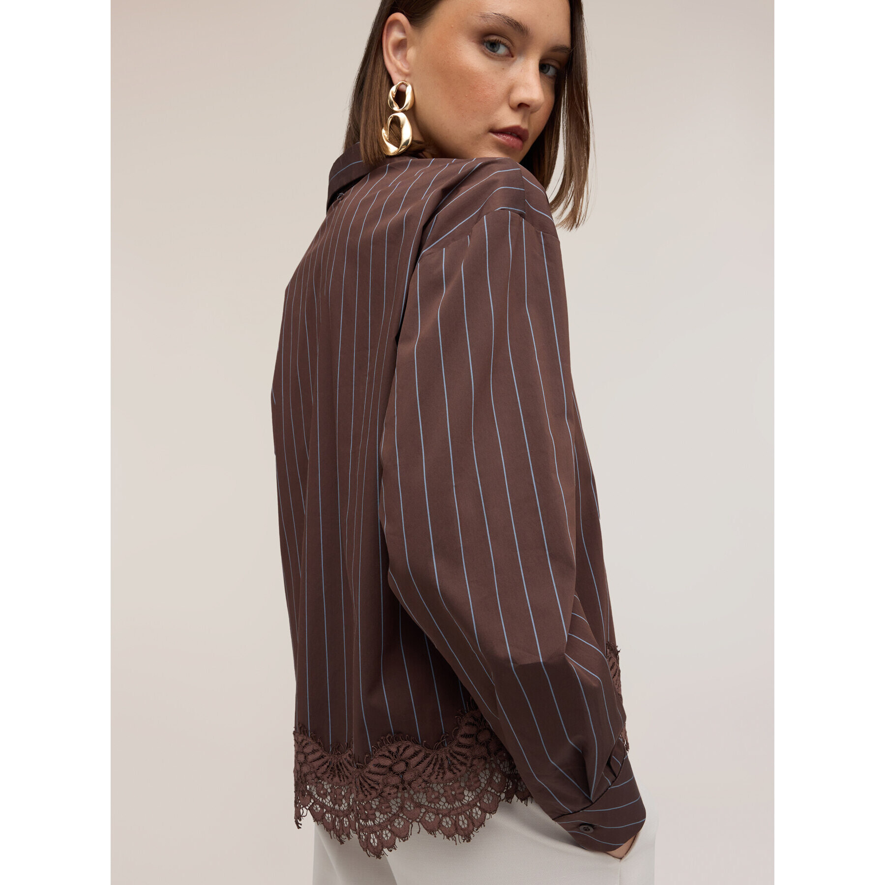 Motivi - Camicia in popeline a righe con pizzo - Marrone