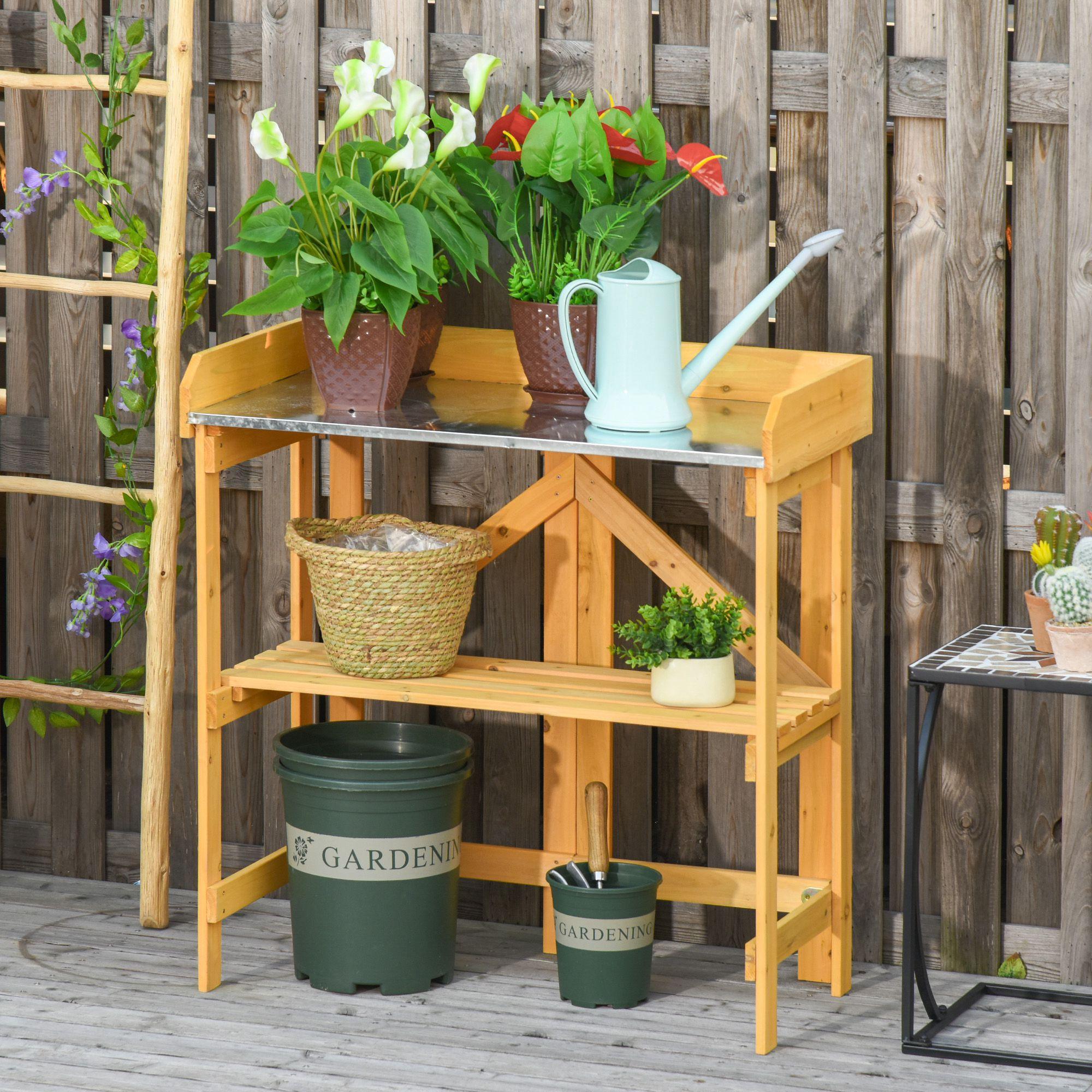 Outsunny - Table de rempotage jardinage pliable - étagère plateau acier  galvanisé avec rebord - bois sapin pré-huilé