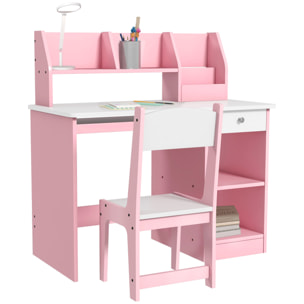 Bureau enfant multi-rangement - ensemble bureau, chaise, étagère - tiroir, plateau coulissant, 2 niches, 2 étagères, 2 présentoirs livres - rose