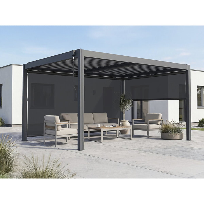 Pergola bioclimatique avec led et 2 stores en aluminium "Windsor premium" - 3 x 4 m - Gris