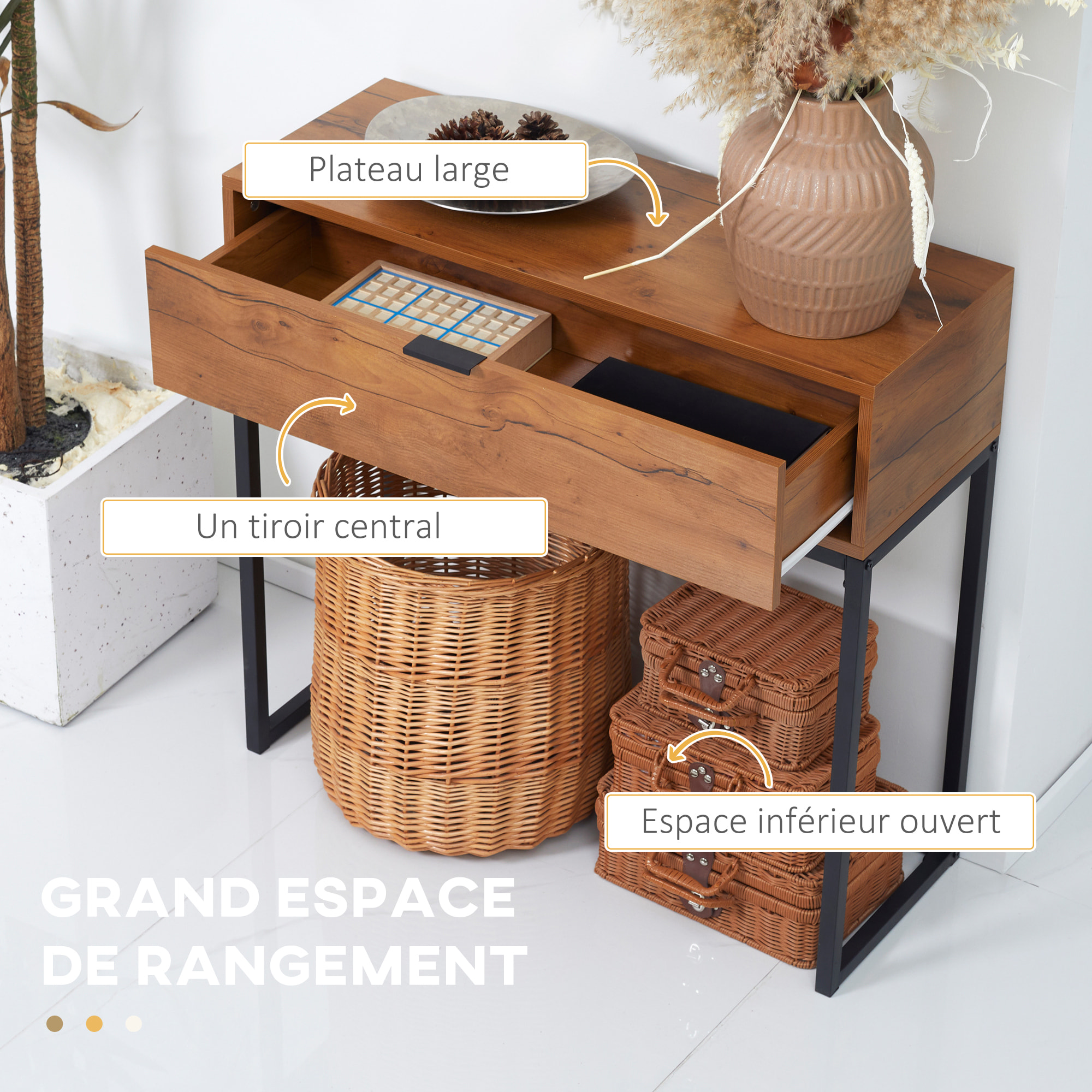 Console design - grand tiroir - dim. 80 x 30 x 76 cm - acier noir effet bois noyer