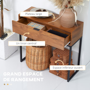 Console design - grand tiroir - dim. 80 x 30 x 76 cm - acier noir effet bois noyer