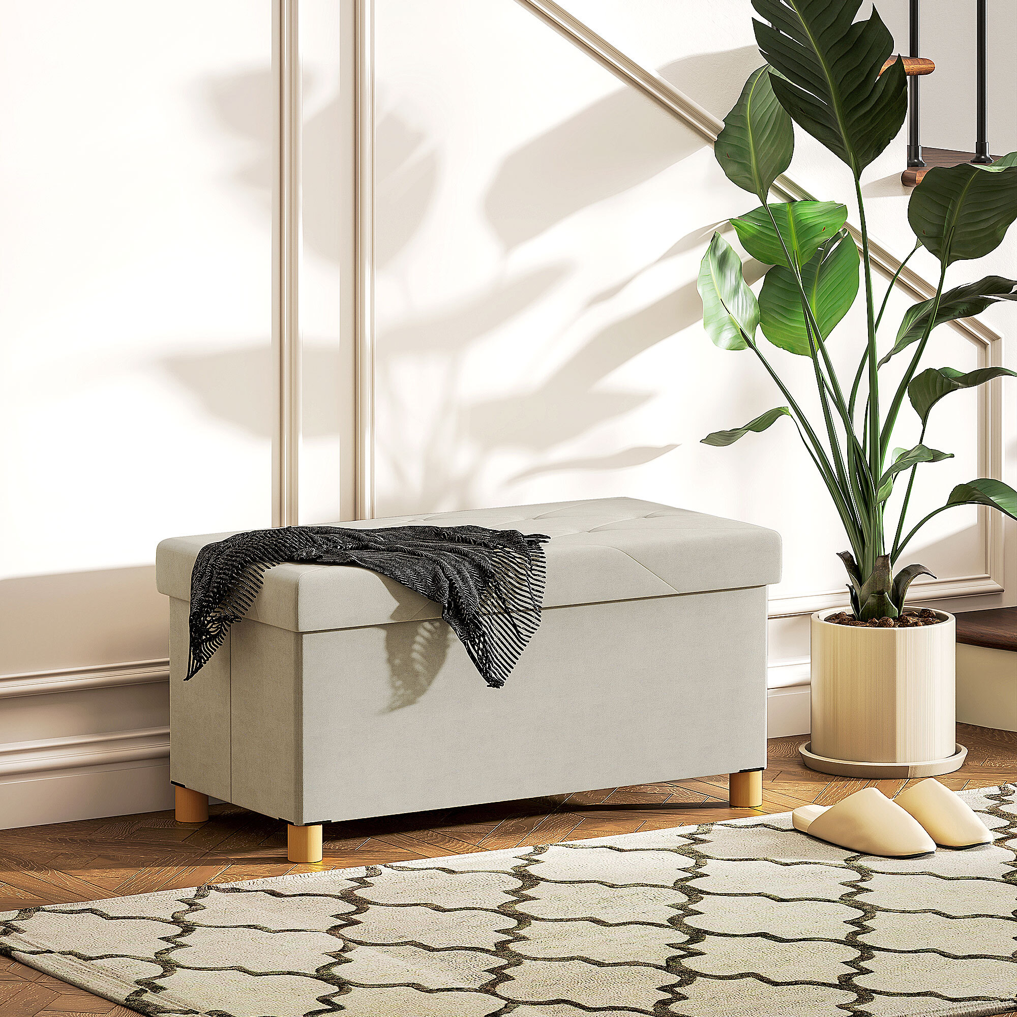 Puff Almacenaje, Banco Almacenaje Plegable, Capacidad de 67 L, 76x38x38 cm, Tapizado en Terciopelo, Baúl de Almacenamiento Dormitorio, Carga 120 kg, para Sala de Estar, Entrada, Crema