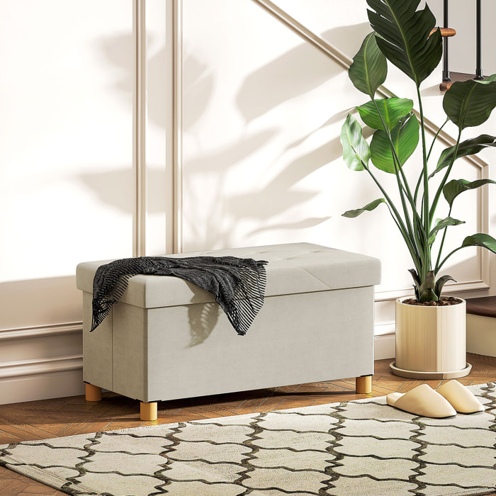 Puff Almacenaje, Banco Almacenaje Plegable, Capacidad de 67 L, 76x38x38 cm, Tapizado en Terciopelo, Baúl de Almacenamiento Dormitorio, Carga 120 kg, para Sala de Estar, Entrada, Crema