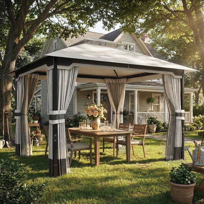 para Jardín 3x3,6 m, Pabellón de Jardín Gazebo con Doble Techo, 4 Paredes Laterales y Mosquitera, Estructura Metálica, Drenaje, Carpa para Exterior, Terraza, Patio, Gris Claro