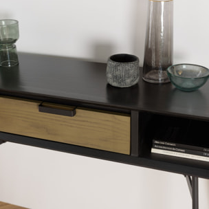 ALMA - Console noire 130x35cm 2 niches 1 tiroir marron foncé pieds métal noir