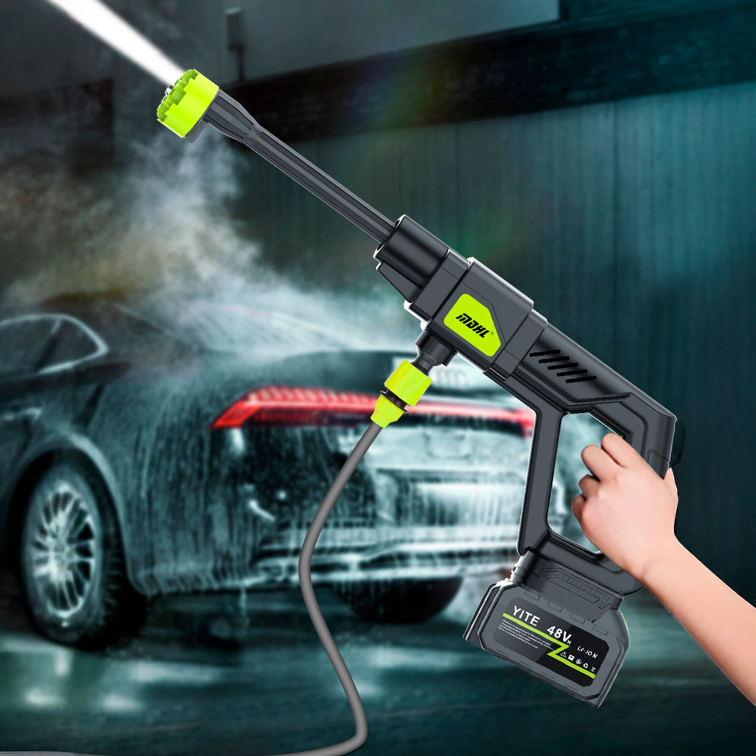 Pistola de lavado a presión 7 en 1 con batería incorporada de 12000 mAh, 300W de potencia y 30 bares de presión.