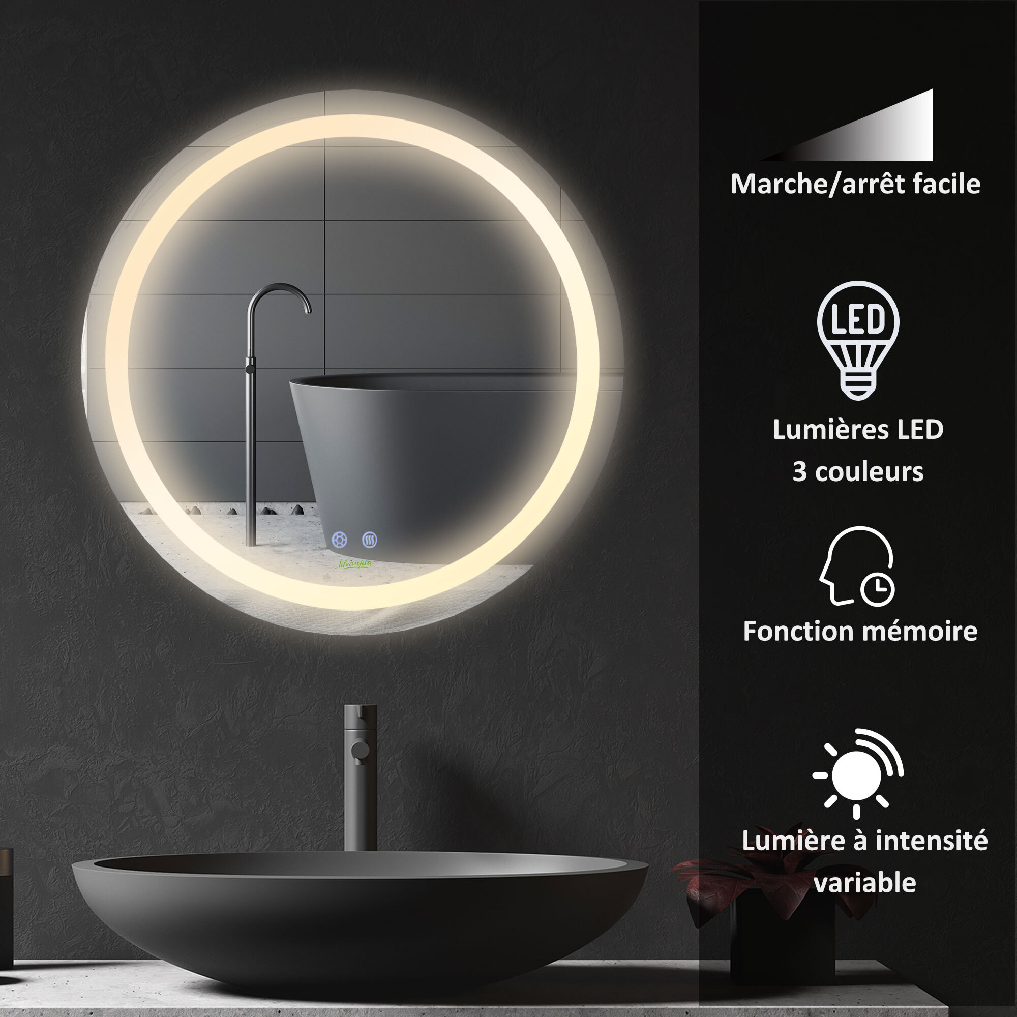 Miroir salle de bain lumineux LED 35 W - dim. Ø 60 x 4H cm - fonction anti-buée, interrupteur tactile, luminosité réglable - alu. verre