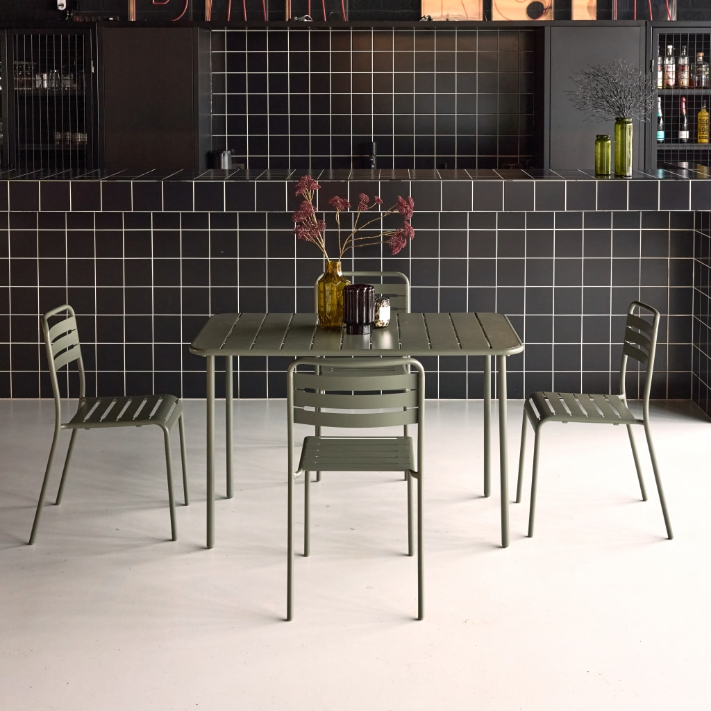 Table de jardin métal + 4 assises kaki en acier. Amelia. 120x70xH72.5cm (12.2kg)