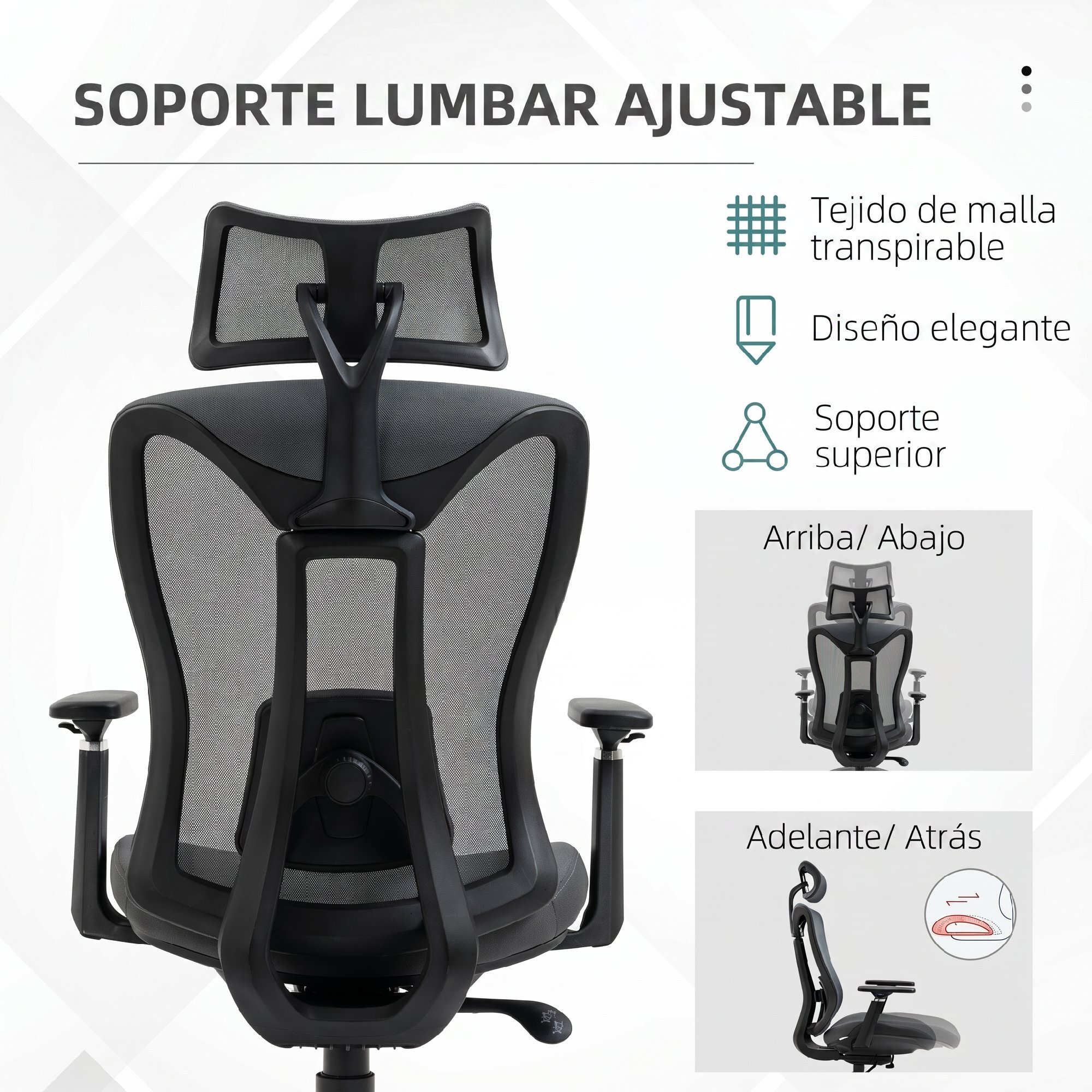 Vinsetto Silla de Oficina de Malla Silla de Escritorio Reclinable con Reposacabezas Ajustable Soporte Lumbar y Reposabrazos 3D Carga 150 kg 70x66x120-128 cm Gris
