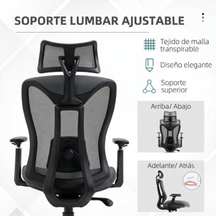 Vinsetto Silla de Oficina de Malla Silla de Escritorio Reclinable con Reposacabezas Ajustable Soporte Lumbar y Reposabrazos 3D Carga 150 kg 70x66x120-128 cm Gris