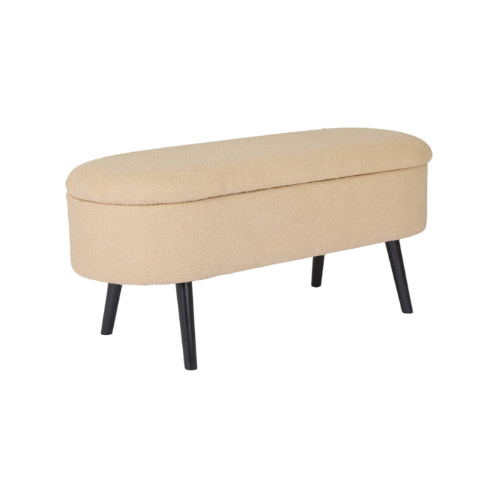 Banc coffre. bout de lit avec revêtement bouclette texturée. beige. pieds en bois noir. L 112 x 44 x 50cm