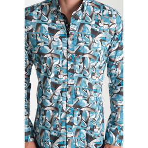 Camicia Uomo 1 Bottoni Button Down Slim Popeline Stretch Stampato Verde Ottanio/Bianco