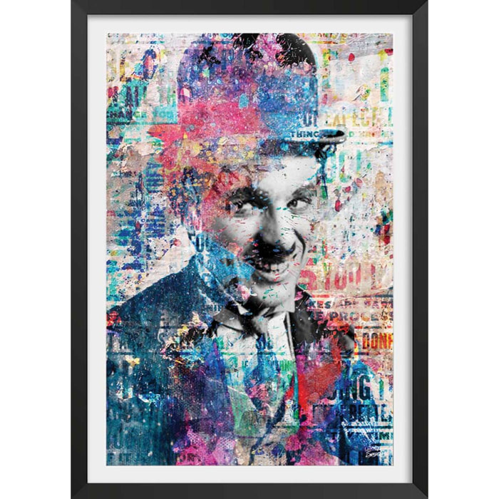Affiche illustration graffiti chaplin Affiche + cadre en bois - Noir