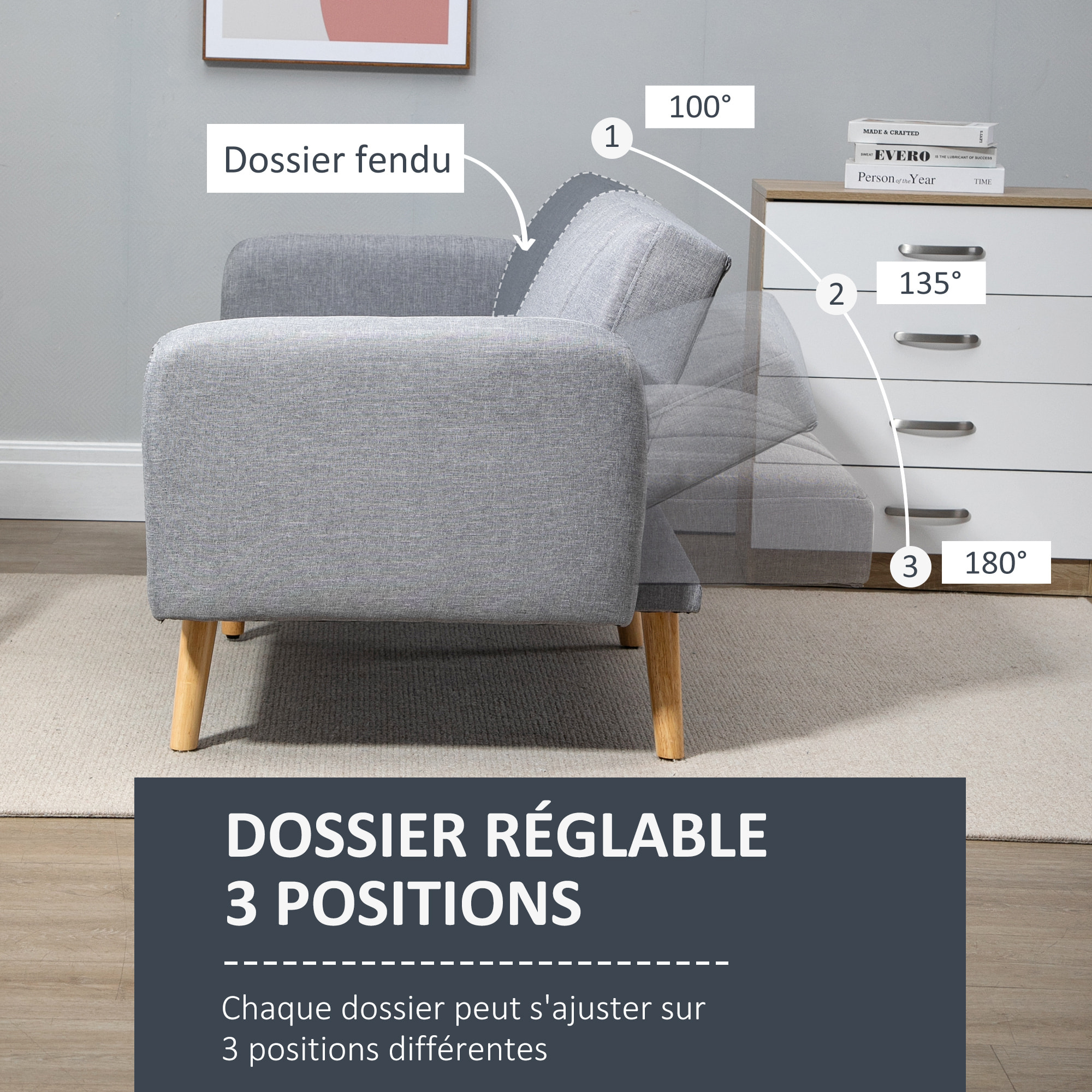 Canapé convertible 2 places design scandinave dossier inclinable 3 positions pieds bois tissu aspect lin gris