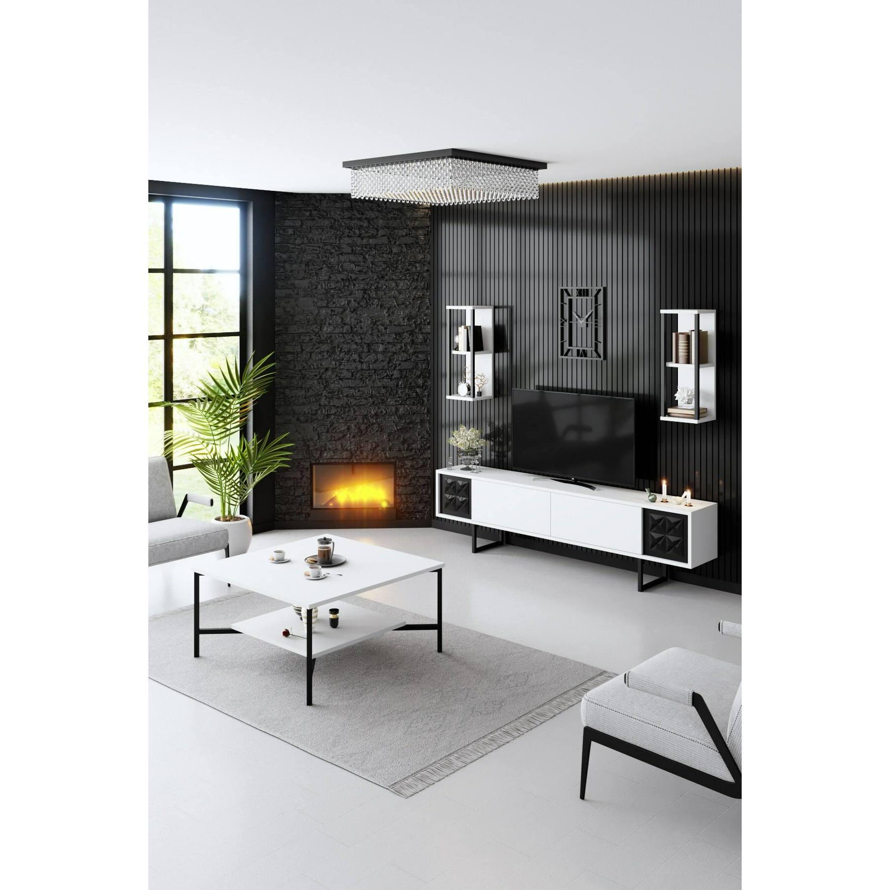 Mobile porta TV Dmiggian, Credenza da soggiorno, Armadio basso per TV, Base parete attrezzata, 180x30h48 cm, Bianco e Nero