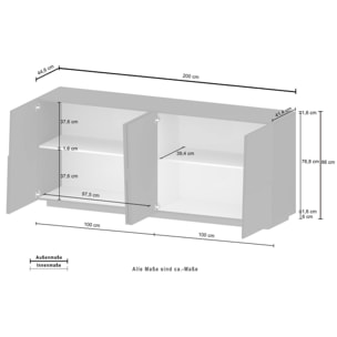 Credenza Ddambrosi, Buffet da soggiorno, Madia da salotto moderna con 4 ante, 200x44h86 cm, Bianco lucido